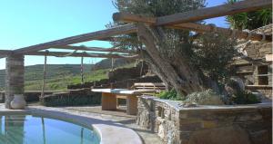 una piscina con mesa de picnic y pérgola de madera en Villa Tripotamos, en Tripótamos