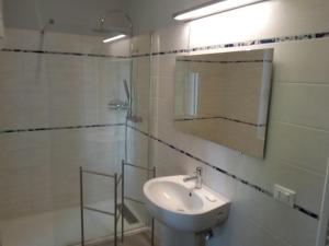 een badkamer met een wastafel, een spiegel en een douche bij Da Nerina in Cormòns