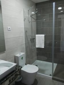 uma casa de banho com um chuveiro, um WC e um lavatório. em Baleal 4 Surf II no Baleal