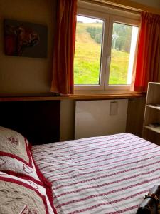 a bedroom with a bed in front of a window at Camera Alpe di Siusi in Alpe di Siusi