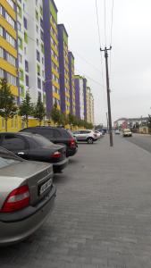 キーウにあるSuper new apartment near airport Zhulyany(Kiev)の路地に停車する車列