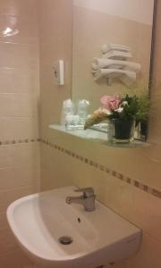 a bathroom sink with a mirror and a vase of flowers at Hotel Astor in Pisa