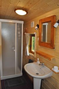 a bathroom with a sink and a shower in a cabin at LES GITES INSOLITES DE LA CASCADE in Lespesses