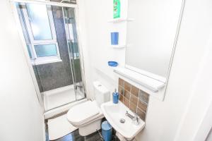 a bathroom with a toilet and a sink and a mirror at City view flat @ Liverpool st. in London