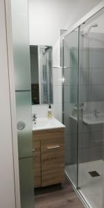 La salle de bains est pourvue d'une douche en verre et d'un lavabo. dans l'établissement Apartamento la piedra viva 1 arinaga, à Arinaga