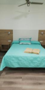 アリナガにあるApartamento la piedra viva 1 arinagaのベッドルーム1室(緑色のベッド1台、枕2つ付)
