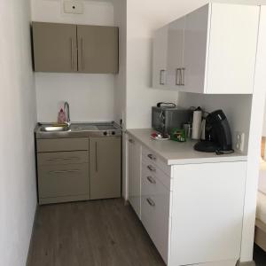 a small kitchen with white cabinets and a sink at Rheinstraße 33 in Mainz