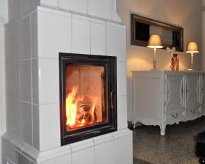 a fireplace with a fire inside of it at HERRENHAUS KUNZWERDA bei TORGAU - ApartHotel, BoardingHouse, WOHNEN auf ZEIT in Torgau
