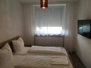 1 dormitorio con 2 camas, ventana y TV en Rheinstraße 33, en Mainz