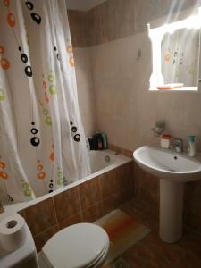 a bathroom with a toilet and a sink and a shower curtain at Apartment Next to Coast in Nea Anchialos