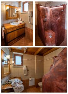 two pictures of a bathroom with a large wooden door at Ontas Guesthouse & Spa in Arachova