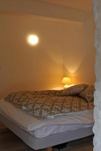 a bedroom with a bed with a lamp on it at Beautiful townhouse in Bargemon in Bargemon