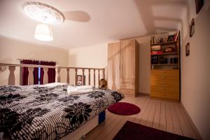 ブダペストにあるFeketerigó Apartmanのベッドルーム(白黒のベッド1台、ドレッサー付)