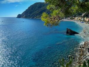 a view of a beach with a rocky shore at Albergo Degli Amici in Monterosso al Mare