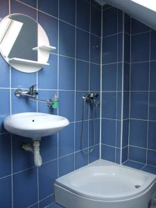 a blue tiled bathroom with a toilet and a sink at Bulevar in Valjevo
