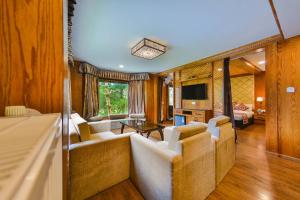 a living room with a couch and a tv at Royal Grandiose Pahalgam in Pahalgām