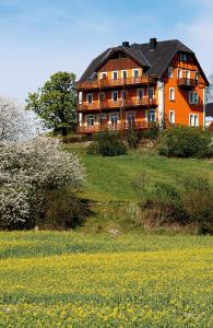 una gran casa en una colina con un campo de flores en Panorama-Apartments Weinberghaus en Mittelndorf