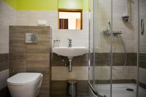 een badkamer met een toilet, een wastafel en een douche bij Apartamenty Argo in Krakau