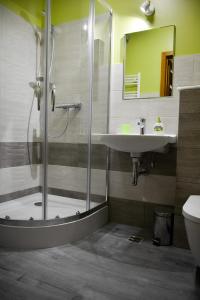 y baño con ducha, lavabo y aseo. en Apartamenty Argo, en Cracovia
