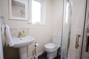 a bathroom with a toilet and a sink and a shower at Douglas Apartment in Alexandria +7 photos