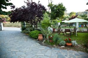 einen Garten mit einem Tisch, Stühlen und Pflanzen in der Unterkunft Emi House in Vourvourou