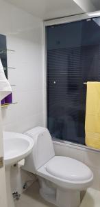 ein Bad mit einem WC, einem Waschbecken und einem Fenster in der Unterkunft Mini Loft in Iquique