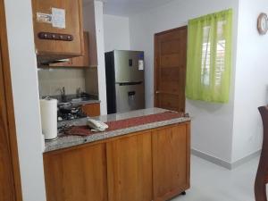 Hato MayorNew Condo Palma Real 3 bd Apt 5 mins from STi的厨房配有带水槽的柜台和冰箱。 更多5张照片