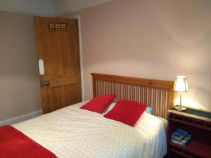 a bedroom with a bed with two red pillows at Lovely Terraced 2-Bed House (near Hinksey Park) in Oxford