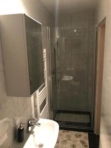 a bathroom with a shower and a sink and a sink at Rooms Miki in Zagreb