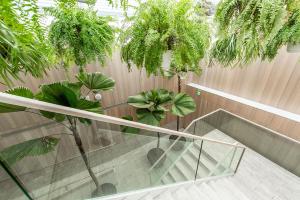 a glass staircase with plants on a wooden fence at Inhouse Hotel Grand in Taichung