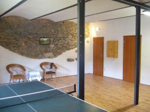 a ping pong table in a room with a stone wall at Hánův mlýn in Letny