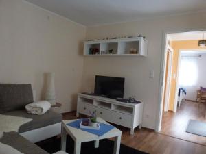 a living room with a couch and a tv at Ferienhaus Agnes in Ramberg