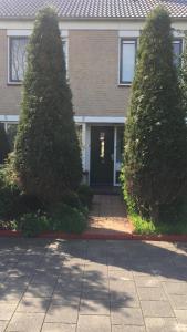 a house with two trees in front of a driveway at Cozy room in residential Alkmaar in Alkmaar