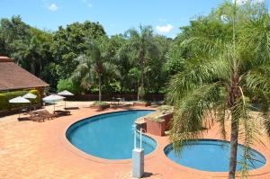 uma piscina num resort com palmeiras em Marcopolo Suites Iguazu em Porto Iguaçu