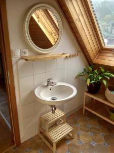 uma casa de banho com um lavatório e um espelho em Dům na návsi em Teplice