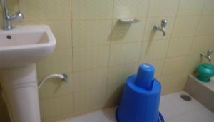 a bathroom with a shower with a blue container next to a sink at Hotel Regal Palace in Chittagong