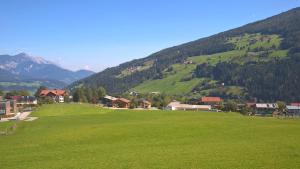 a green field with houses and a mountain at Appartement Oliver in Schladming