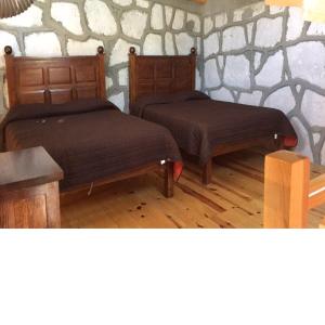 two beds in a room with a stone wall at Cabañas las Gemelas in Areponapuchi
