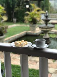 einen Teller mit Essen und eine Tasse Kaffee auf einem Geländer in der Unterkunft Caminho das Lavras in Lavras Novas