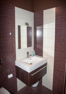 a bathroom with a sink and a mirror at Sweet Kato Apartment in Katowice