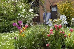 a garden with tulips and flowers in front of a house at Bebensee Edda DZ in Neustadt in Holstein