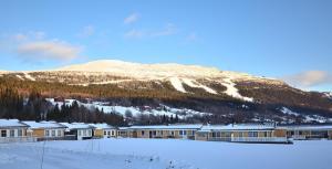 un gruppo di edifici nella neve di fronte a una montagna di Åre Kläppen a Åre