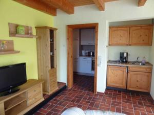 a kitchen with wooden cabinets and a tv in a room at Heidelberg Viola in Neustadt in Holstein