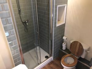 a bathroom with a shower with a toilet and a sink at The Dorset in Lewes
