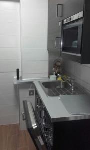 a small kitchen with a sink and a microwave at Apartamento La Paz de Versalles in Avilés