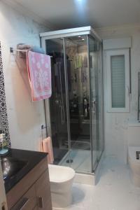 y baño con ducha, aseo y lavamanos. en Apartamento La Paz de Versalles, en Avilés