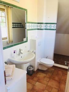 ein Badezimmer mit weißer Toilette und Waschbecken in der Unterkunft "Schiffszimmermannshaus" by Ferienhaus Strandgut in Born + 20 Fotos