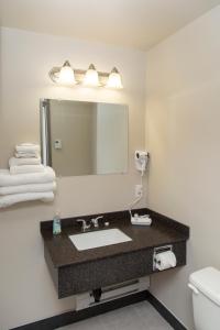 W łazience znajduje się umywalka i lustro. w obiekcie Hotel Robin Hood w mieście Grand Falls-Windsor