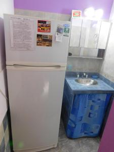 un frigorifero e un lavandino in una piccola cucina di Nicolas Nancy Ricardo a Las Grutas