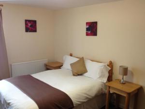a bedroom with a bed, desk, and lamp at Drovers Arms Hotel in Carmarthen